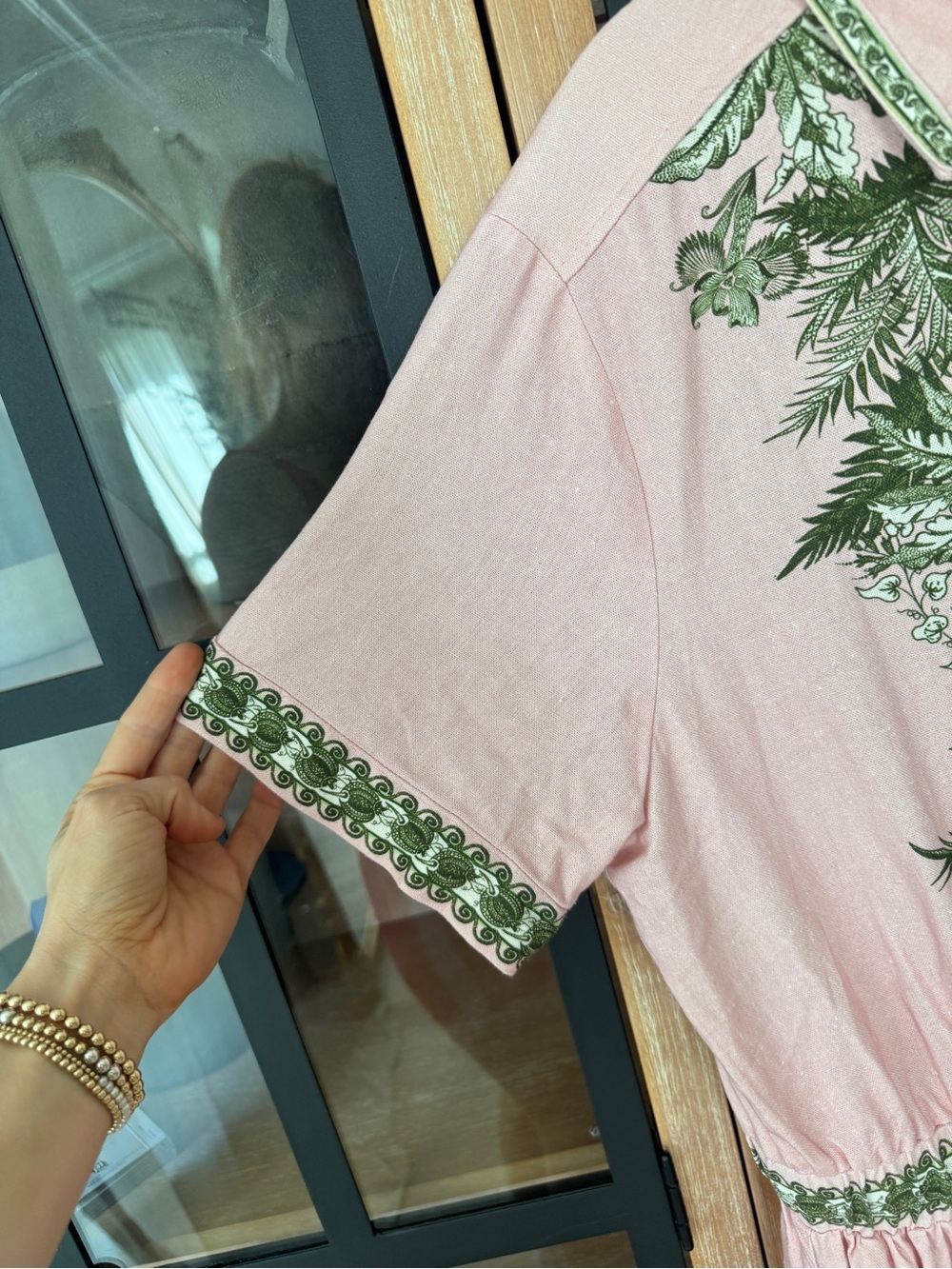 Linen maxi dress button down shirt collar tropical palm print pockets blush - Picture 11 of 15